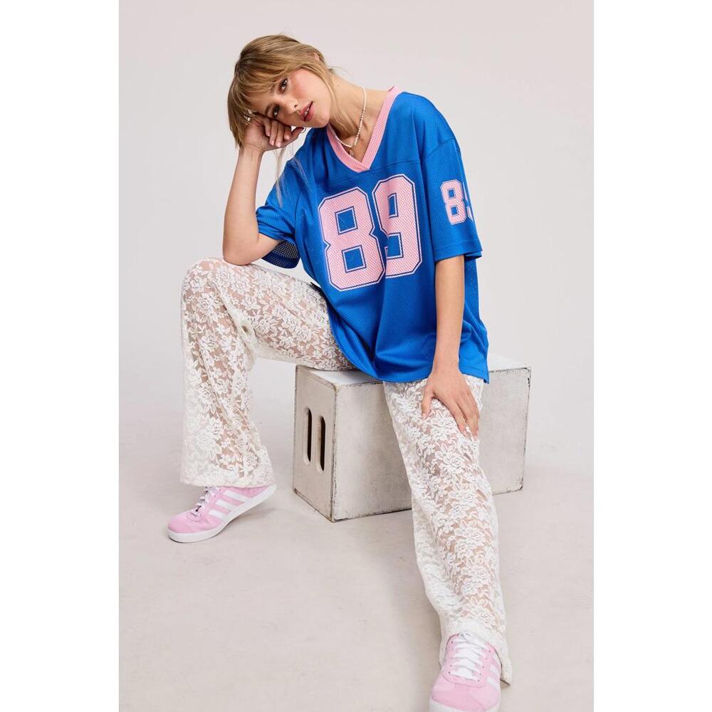 V Neck Sporty Jersey Shirt Top With Printed 89